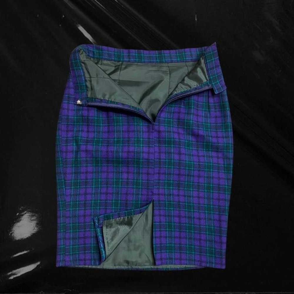 Vintage Purple Plaid Wool Pencil Skirt